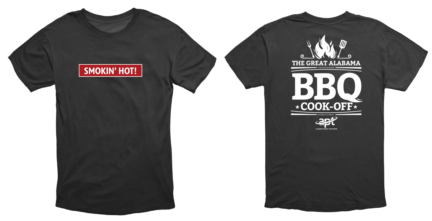 A mock up of The Great Alabama Public Television BBQ Cook-Off team t-shirt. White logo on black shirt