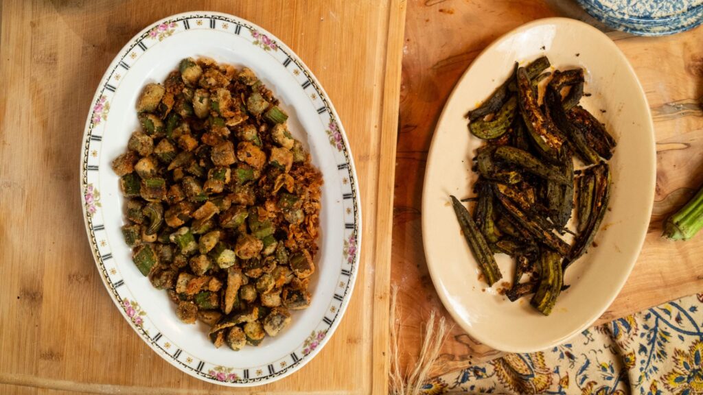 Photo of okra cooked two ways: traditional southern fried okra and roasted lemon okra