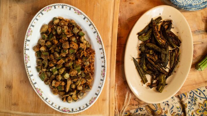 Photo of okra cooked two ways: traditional southern fried okra and roasted lemon okra