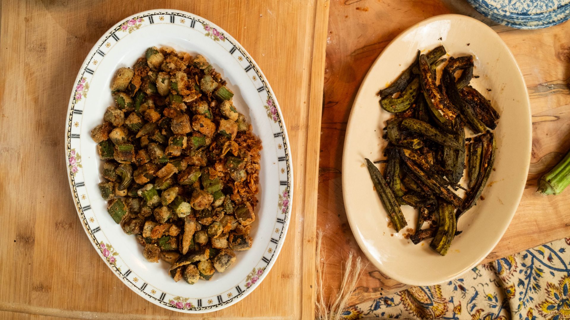 Photo of okra cooked two ways: traditional southern fried okra and roasted lemon okra