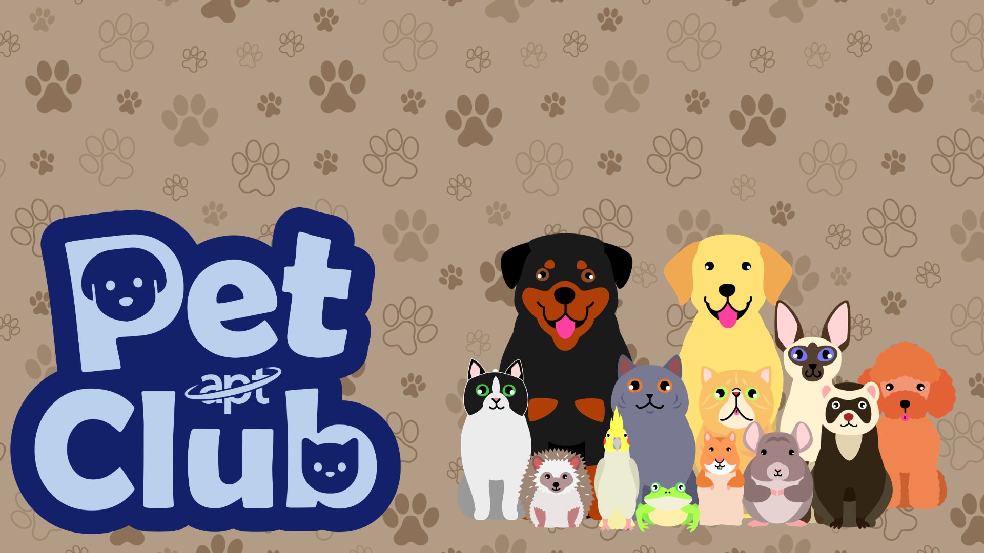 APT Pet Club Logo with a group of pets to the right of it: dogs, cats, hedgehog, frog, rat, bird, hamster, ferret